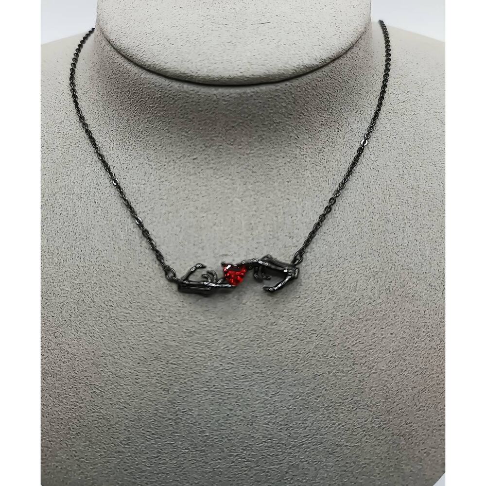 Skeleton Hands Heart Necklace 925 Black Gothic CZ 18"+2